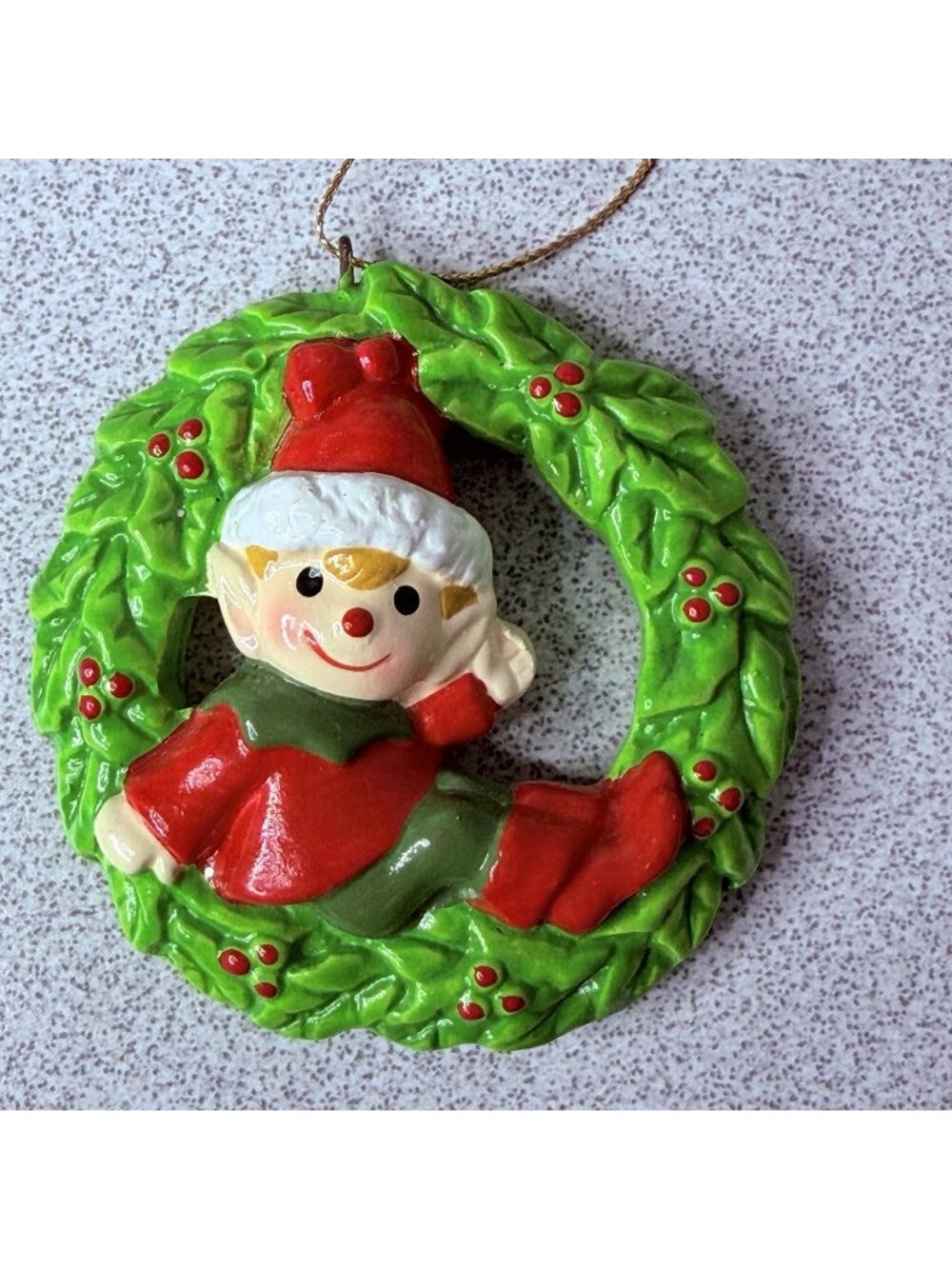 Vintage Elf Wreath Ornament Christmas Wreath Korea 2.75”